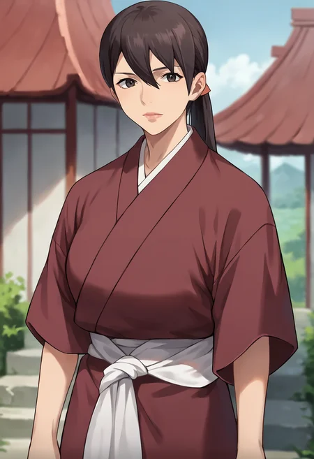 score_9, score_8_up, score_7_up, masterpiece, source_anime, 1girl, solo, ct_balsa, large breasts, ponytail, japanese clothes, sash, sleeves past elbows, cowboy shot, looking at viewer, outdoors, depth of field, sunny, upper body, portrait,<lora:BalsaYonsa_Pony_ct:1>