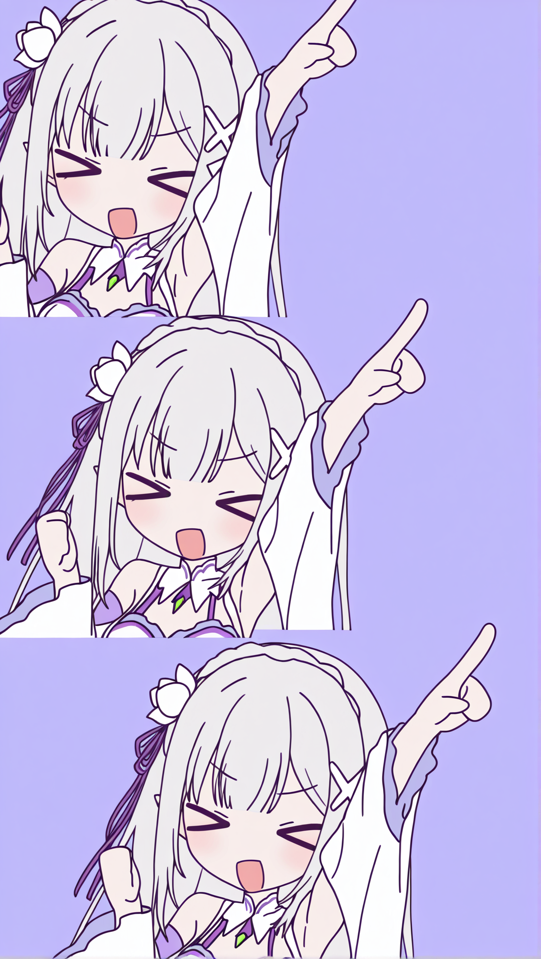 masterpiece, best quality, high resolution, source_anime, highly detailed illustration, detailed eyes,  
very aesthetic, absurdres, newest, amazing quality, 
<lora:shiRabbitHoleStyleConceptV1ill:1>, shirbtlestyle, shi3view, multiple views, 1girl, long hair, smile, open mouth, simple background, collarbone, upper body, closed eyes, :d, arm up, v-shaped eyebrows, > <, pointing, clenched hand, index finger raised, purple background, xd, pointing up,
<lora:shiEmiliaV12ill:0.8> shimilia, long hair, grey hair, pointy ears, crown braid, hair flower, hair ribbon, purple ribbon, x hair ornament, white dress, cleavage, bare shoulders, wide sleeves, white thighhighs, thigh boots,