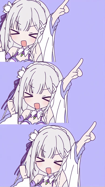 masterpiece, best quality, high resolution, source_anime, highly detailed illustration, detailed eyes,
very aesthetic, absurdres, newest, amazing quality,
<lora:shiRabbitHoleStyleConceptV1ill:1>, shirbtlestyle, shi3view, multiple views, 1girl, long hair, smile, open mouth, simple background, collarbone, upper body, closed eyes, :d, arm up, v-shaped eyebrows, > <, pointing, clenched hand, index finger raised, purple background, xd, pointing up,
<lora:shiEmiliaV12ill:0.8> shimilia, long hair, grey hair, pointy ears, crown braid, hair flower, hair ribbon, purple ribbon, x hair ornament, white dress, cleavage, bare shoulders, wide sleeves, white thighhighs, thigh boots,