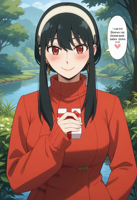 score_9, score_8_up, score_7_up, source_anime,
BREAK,
happy and in love, gentle smile, looking at viewer, Expressiveh, yor briar, black hair, red eyes, sidelocks, hairband, short hair with long locks, white hairband, medium breasts, dress, long sleeves, red sweater, sweater, sweater dress, 1girl, solo, wide hips, blush, text bubble, hearts,
standing, standing straight, one hand on hip, upper body, portrait, holding a heart-shaped gift box,
day, in a fantasy forest near a lake,