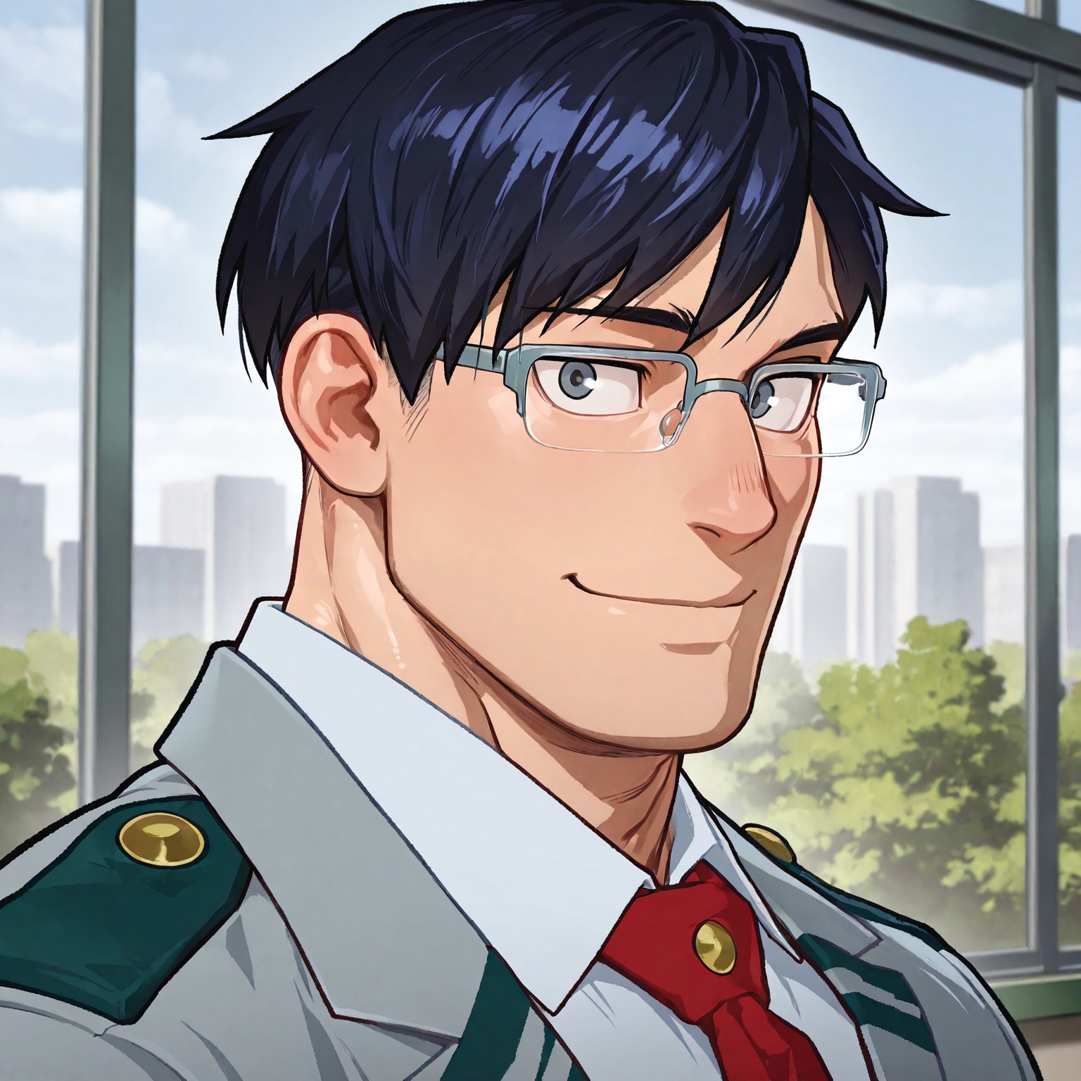 masterpiece, best quality, absurdres, newest, perfect quality, best quality, absolutely eye-catching, detailed background, intricate details, bara, 1boy, male, male focus, solo, dark blue hair, short hair, side part, grey eyes, grey glasses, thin eyebrows, U.A. school uniform, white shirt, red tie, grey blazer, teal pants, bara, muscular, large pectorals, large biceps, (((school uniform))), looking at viewer, face close-up, portrait, side view, smile, school scenery, very awa, best quality, absurdres, newest, perfect quality, detailed background, intricate details, (artist:rokudenashi:0.8), (artist:dizdoodz:0.7), (artist:gomtang:0.6)