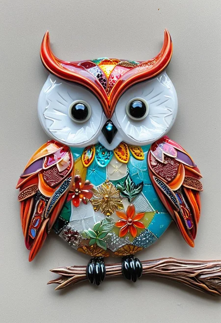 (fused glass:1.1) patchwork owl, stitched together with vibrant flair, cozy,
novuschroma54 style,
best quality, masterpiece,