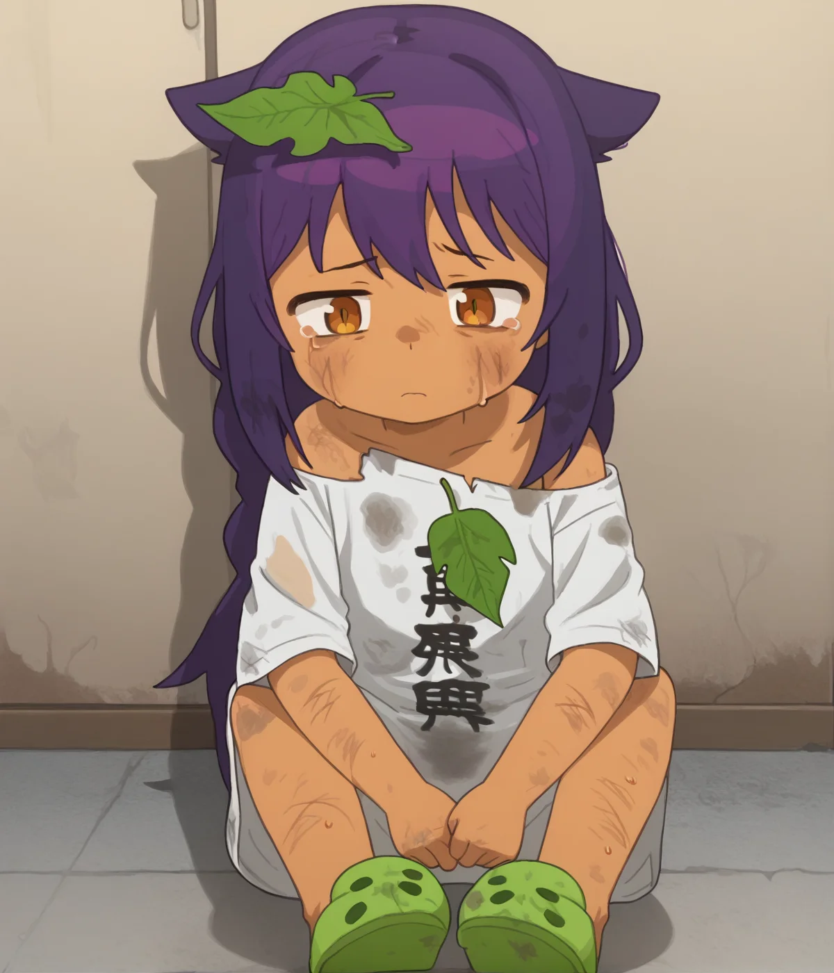 1girl, <lora:Jahy:.8>, purple hair, solo, tan skin, <lora:PossumMachine_XL_Pony:1> possummachine, sad, green slippers, white shirt, solo, holding rag, dirty, leaf in hair, twig in hair,