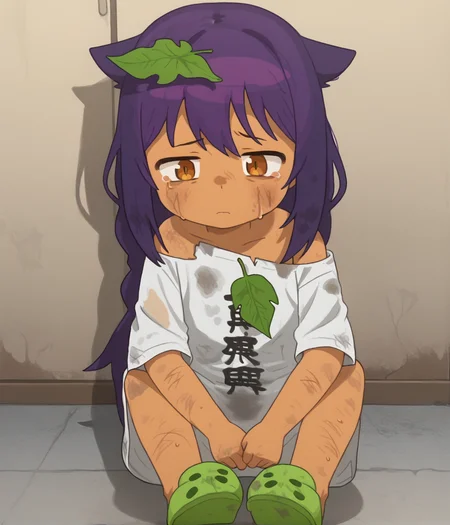 1girl, <lora:Jahy:.8>, purple hair, solo, tan skin, <lora:PossumMachine_XL_Pony:1> possummachine, sad, green slippers, white shirt, solo, holding rag, dirty, leaf in hair, twig in hair,