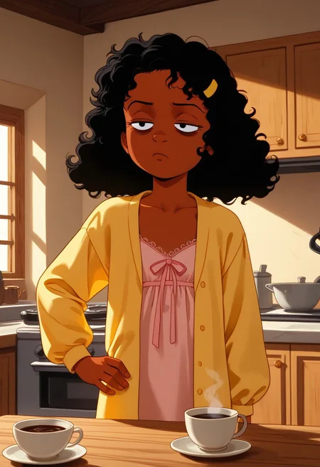 score_9, score_8_up, score_7_up, retro artstyle
1girl, solo, Ashley B RC, black hair,curly hair, ashley b rc, yellow hair ornament, , dark skin, flat chest,bottomless,
indoors, kitchen, wear only nightgown,, loose clothes, open clothes, holding a cup of coffee, one hand on hip,eyes half closed, sleepy eyes, bags under eyes, perfect hands,