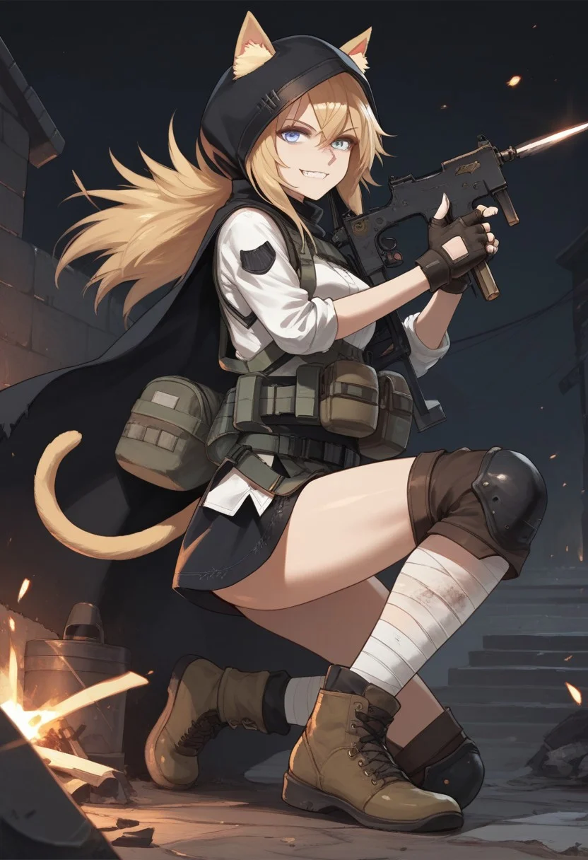 score_9, score_8_up, score_7_up, source_anime, 1girl, IDW \(GIRLS' FRONTLINE\), IDW Cloak and Cat Ears,
long hair, looking at viewer, smile, blue eyes, blonde hair, thighhighs, gloves, animal ears, tail, full body, weapon, cat ears, hood, fingerless gloves, cat tail, gun, bandages, knife, cat girl, black background, sheath, sheathed, knee pads, submachine gun, ears through headwear, explosive