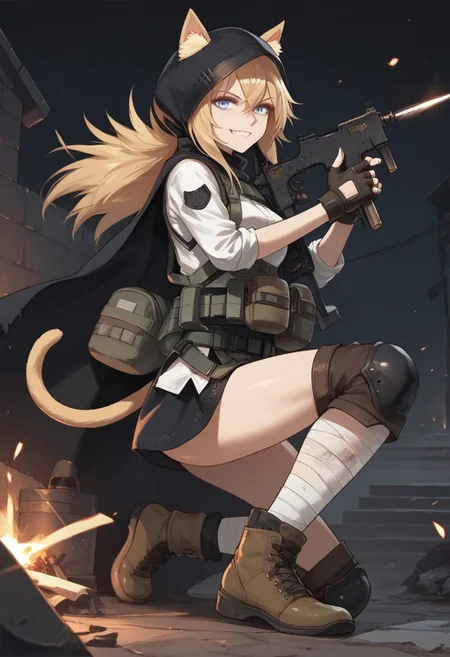 score_9, score_8_up, score_7_up, source_anime, 1girl, IDW \(GIRLS' FRONTLINE\), IDW Cloak and Cat Ears,
long hair, looking at viewer, smile, blue eyes, blonde hair, thighhighs, gloves, animal ears, tail, full body, weapon, cat ears, hood, fingerless gloves, cat tail, gun, bandages, knife, cat girl, black background, sheath, sheathed, knee pads, submachine gun, ears through headwear, explosive