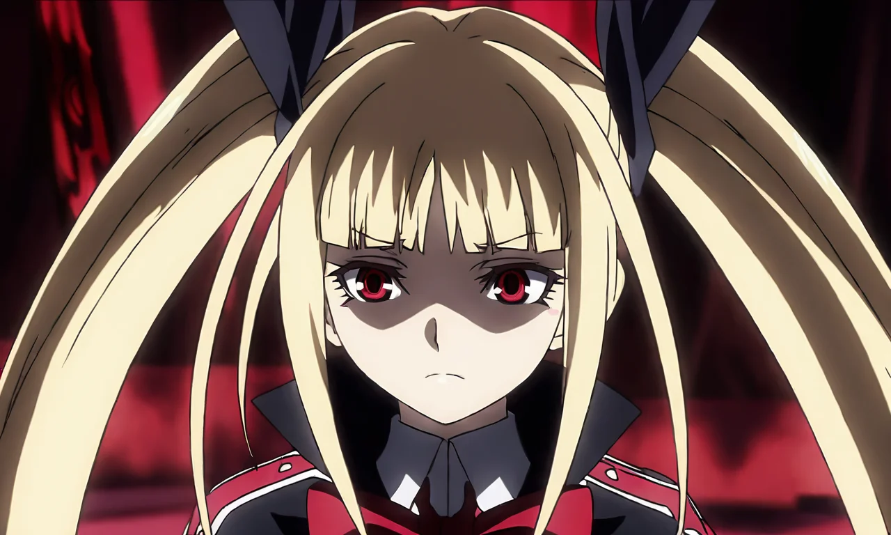 anime artwork illustrating RachelAlucardBB, 1girl, solo, long hair, bangs, blonde hair, red eyes, bow, twintails, black dress. created by japanese anime studio. highly emotional. best quality, high resolution