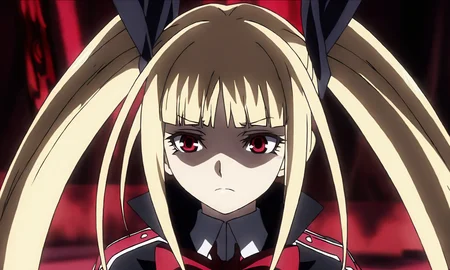 anime artwork illustrating RachelAlucardBB, 1girl, solo, long hair, bangs, blonde hair, red eyes, bow, twintails, black dress. created by japanese anime studio. highly emotional. best quality, high resolution