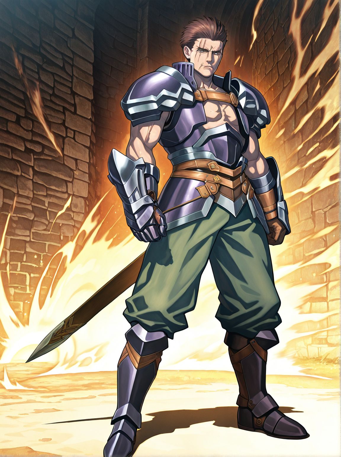 masterpiece,best quality,amazing quality,very aesthetic,absurdres,newest, huge filesize,
<lora:spo_sdxl_10ep_4k-data_lora_webui:0.5>,
<lora:add-detail-xl:1>
 official art, valkyrie profile1,
<lora:Valkyrie_ProfileV1_r1:1>Valkyrie ProfileV1,
1boy, 
solo, 
male focus, weapon, 
sword, brown hair, 
armor, boots, 
full body, gloves, 
scar, manly, gauntlets, 
v_arngrim,