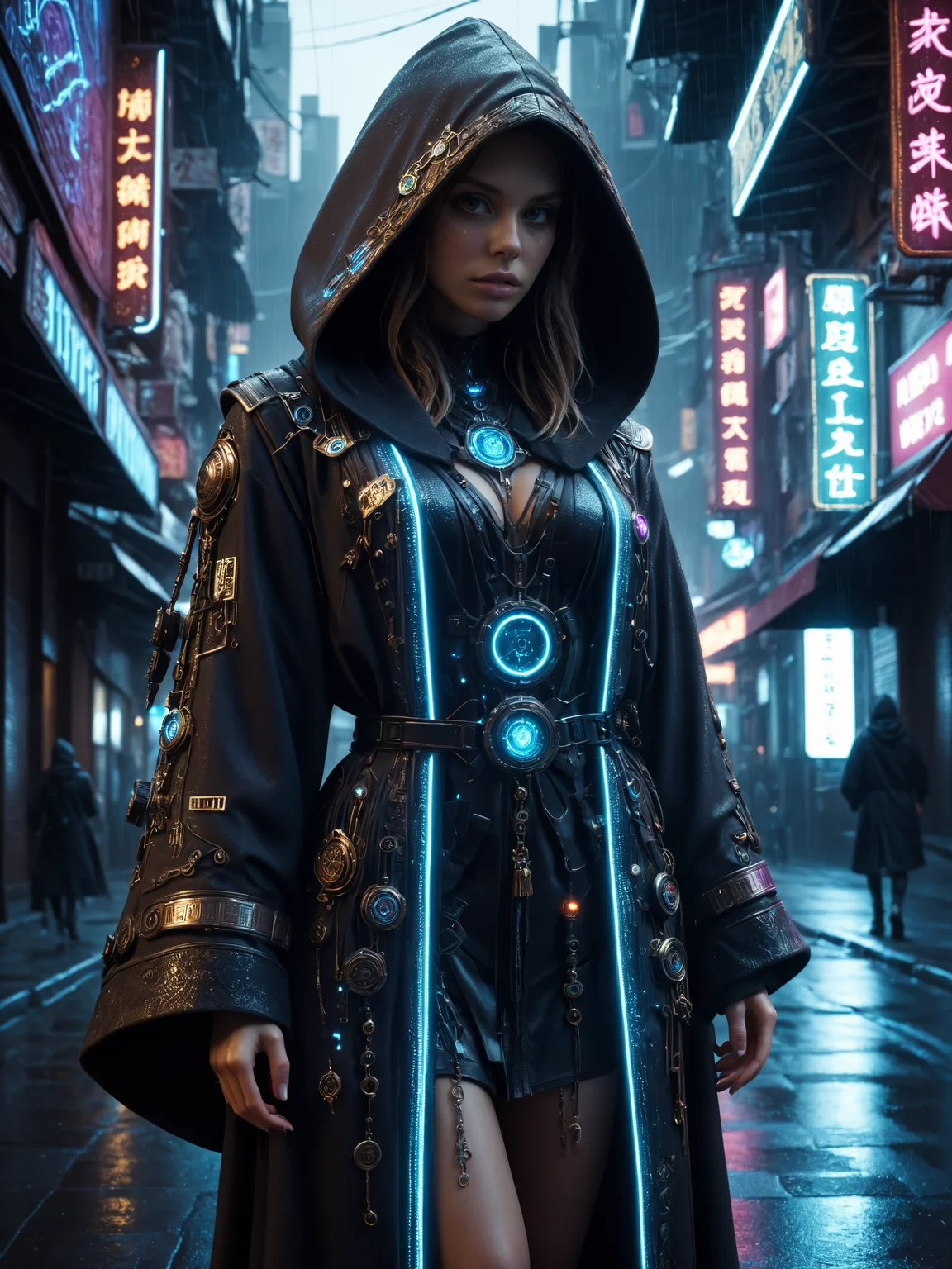 cinematic photo with dramatic lighting, woman, mad-hrmtcwzrd, hooded_robe, intricatly ornated, magic runes, magical items, elegant cyberpunk street, neon signs, rain, <lora:Neon_Cyberpunk_SDXL_Hermetic_Wizard:0.8>, masterpiece, best quality, ultra high res, (photorealistic, realistic:1.2), deep shadow, raw photo, film grain, Fujifilm XT3, 8k uhd, dslr