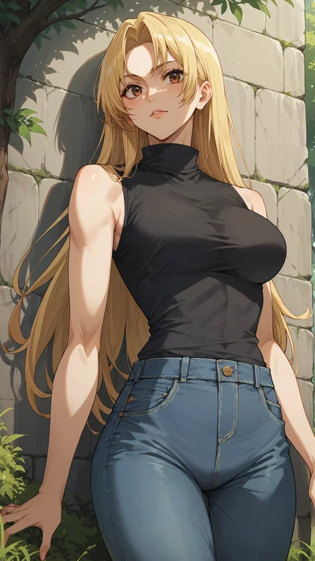 score_9,score_8_up,score_7_up,score_6_up, source_anime, zPDXL3, <lora:xl_more_art-full_v1:0.5>, woman, dynamic pose, leaning back against a wall, <lora:Yuki Tsukumo - Pony-000004:0.8>, long hair, blonde hair, brown eyes, black top, turtleneck, sleeveless, jeans, forest, tall grass,