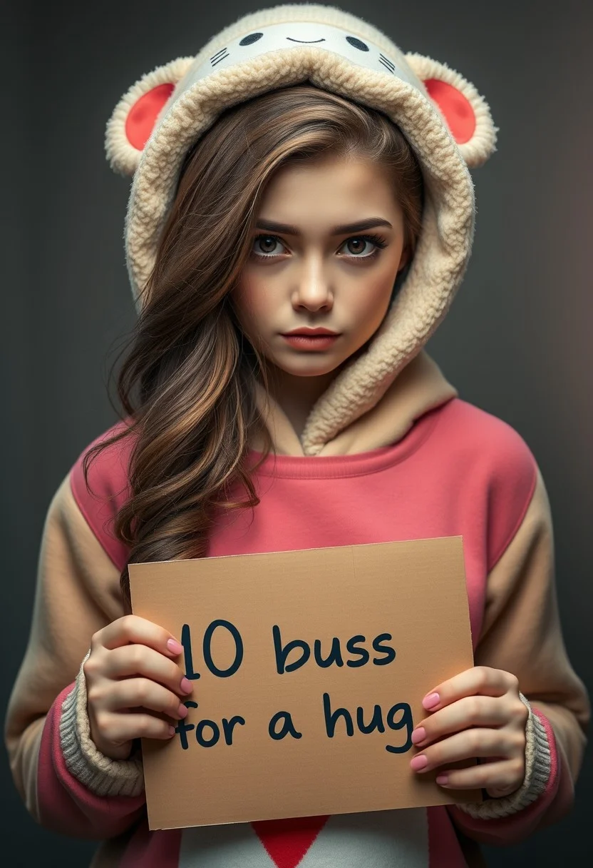 photorealistic, beautiful russian girl wearing a cute togepi ooutfit, cardboard with inscription "10 buzz for a hug", 20 years old, attractive, curvy, perfect face, "10 buzz for a hug" inscription, pink light, dark, sad