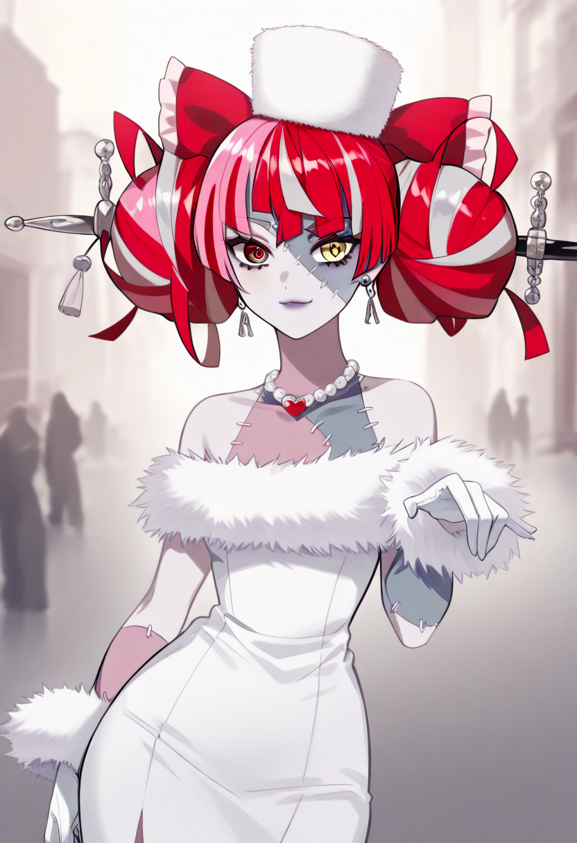Kureiji_Ollie, kureiji ollie,1girl, street, snowy, double bun, light smile, (white dress 1.5), bare shoulders, jewelry, earrings, (white fur trim dress 1.5), (white long gloves 1.4), (whtie fur hat 1.4), necklace, lips, pearl necklace ,wearing edgwdc, fumichin, hair bow, red bow, hair bow, zombie, patchwork skin, heterochromia, red eyes, yellow eyes <lora:Kureiji_Ollie:2><lora:edgIllustriousXL_WDC:1.7>