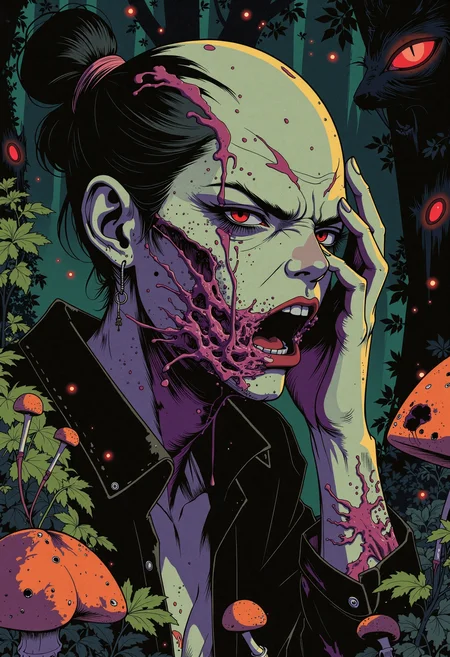 In a hauntingly surreal dark fantasy scene, an anime-style character with elongated features and twisted proportions is rendered in a highly stylized, intricate painting. The character's face contorts in a mix of anguish and morbid fascination as they grip their own head with trembling fingers, the flesh warped and malleable, like wet clay, oozing through their grasp in viscous, translucent streams. The texture of the skin glistens unnaturally, catching the eerie light of bioluminescent fungi growing in the shadows of an ancient, otherworldly forest. Deep, rich colors dominate the paletteâblacks, purples, and greensâaccentuated by faint, glowing red eyes peering from the darkness. The composition is bold and unsettling, with sharp, high-contrast lighting that emphasizes the horrific beauty of the scene. Every detail is meticulously rendered, from the dripping, shimmering fluids to the distorted, nightmarish expressions, creating a sense of both repulsion and morbid fascination. The style blends anime aesthetics with dark, gothic horror elements, resulting in a hauntingly unique and unforgettable visual experience., <lora:RM_Illustrify_v1.0M:0.49> illustrify,<lora:Chibi_Adventures:0.263> ch1b1k1n3s1s,<lora:RM_Animefy_v1.0M:0.451> Animefy,<lora:GTHAN-F:0.326> GTHAN, Gothic