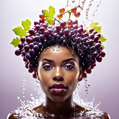 1 female, afro hair made of grapes, splash water, flashing particles, depth of field, clean background, made from grapes