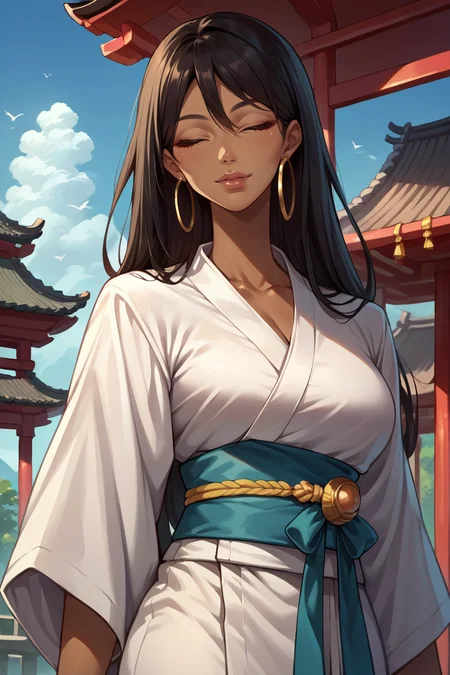 score_9, score_8_up, score_7_up, score_6_up, source_anime, 1girl, solo <lora:michiko-pdxl-nvwls-v1-000005:1> michiko, black hair, long hair, brown eyes, dark-skinned female, lips, hoop earrings, big breasts, white kimono, sash, closed eyes, happy, blue sky, east asian architecture