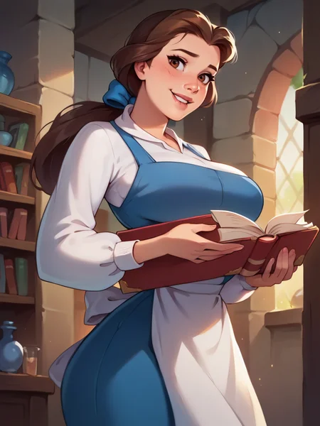 score_9, score_8_up, score_7_up, score_6_up, BelleXLP holding a books, biting own lip, blush, 1girl, blue dress, white shirt, white long sleeves, long hair, ponytail, bow, white apron, curvy, huge breasts, narrow waist, wide hips, thick thighs, looking at viewer, dynamic angle, cowboy shot, cartoon, dynamic pose, smile, cute, wide shot, realistic, from below, from side, sexy, village,
<lora:BelleXLP_Character:1>