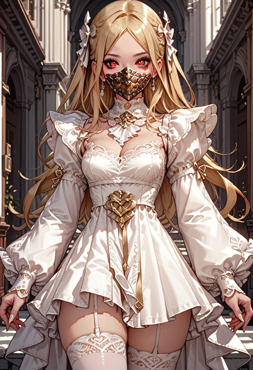 score_9, score_8_up, score_7_up,highly detailed, looking at viewer,whisper, 1girl, blonde, hair, solo ,red eyes, mask, mouth mask, long hair, dress, thighhighs,Expressiveh