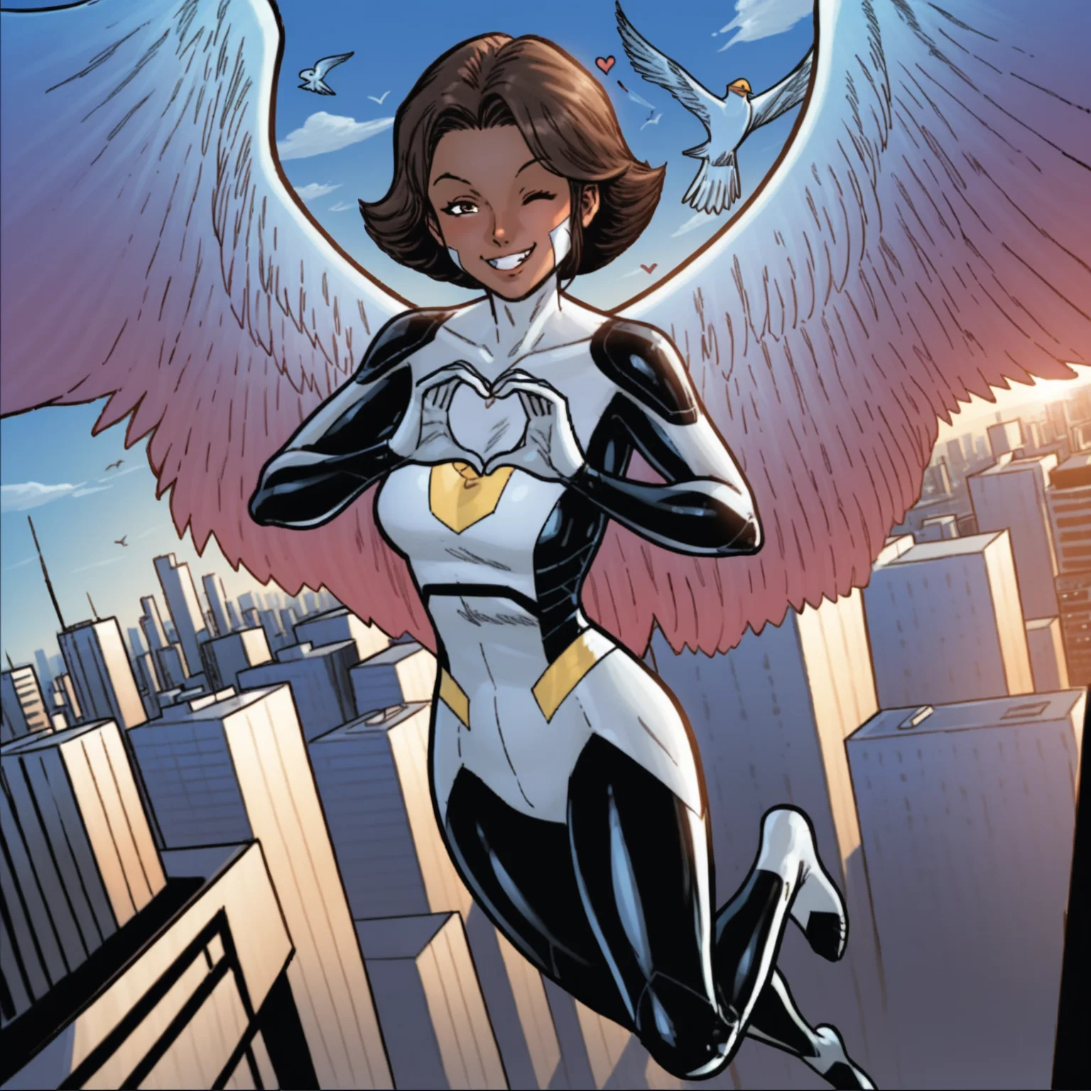 f42ky, 1girl, bodysuit, short hair, brown eyes, brown hair, flying, smile, wings, sky, clouds, looking at viewer, wink, heart hands, city skyline, bird, <lora:F42kyV2:1> <lora:Anime Summer Night Style SDXL_LoRA_Pony Diffusion V6 XL:0.3>