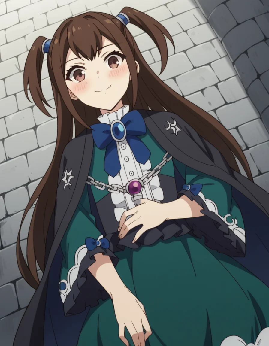 score_9, score_8_up, score_7_up, source_anime, <lora:kizuna-kazayama-s2-ponyxl-lora-nochekaiser:1>, kizuna kazayama, long hair, brown hair, brown eyes, two side up,, long sleeves, dress, bow, frills, wide sleeves, bowtie, cape, blue bow, brooch, green dress, black cape,, dungeon, stone walls, chains, torches, dark, smile, hand on stomach, blush,, looking at viewer, solo,, dutch angle, cowboy shot