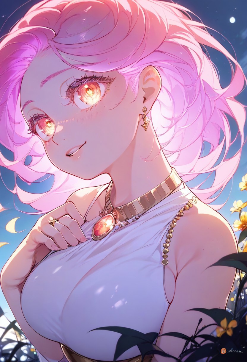 score_9_up, score_8_up, score_7_up, highly detailed, (solo), 1 girl, field, flowers, night, pink hair, glowing eyes shine, hand pulls towards the sky, in hand glowing in the dark flower, spirituality, large breasts, wide hips, huge hips, very plump legs, the field is divided into two halves: behind the girl (/night)/ in front of her eyes)/day))/, the girl is dressed in a white dress, gold jewelry, a two-layer dress, the second layer of the dress is pink, (side angle:1.2), upper body