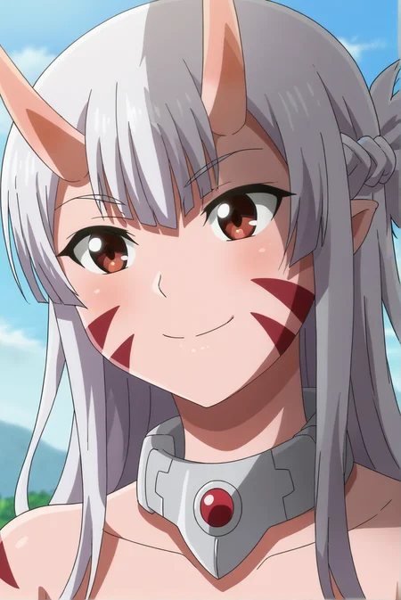 <lora:PIZDEC:0.8>, white background, Lisa Alpacas, 1girl, solo, outdoors, smile, collarbone, horns, collar, facial mark, upper body, close-up, oni, anime coloring,