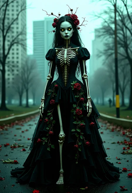 A female character with a porcelain doll-like face and glowing green eyes, dressed in a gothic Victorian gown adorned with roses and vines. Her mechanical skeletal features are intricately detailed with floral patterns. She stands in a dimly lit city park, with the eerie fog and a backdrop of modern skyscrapers, broken asphalt, and scattered debris adding to the haunting atmosphere. The scene is captured in a masterpiece composition with extreme realism, enhanced by a 35mm camera filter.







