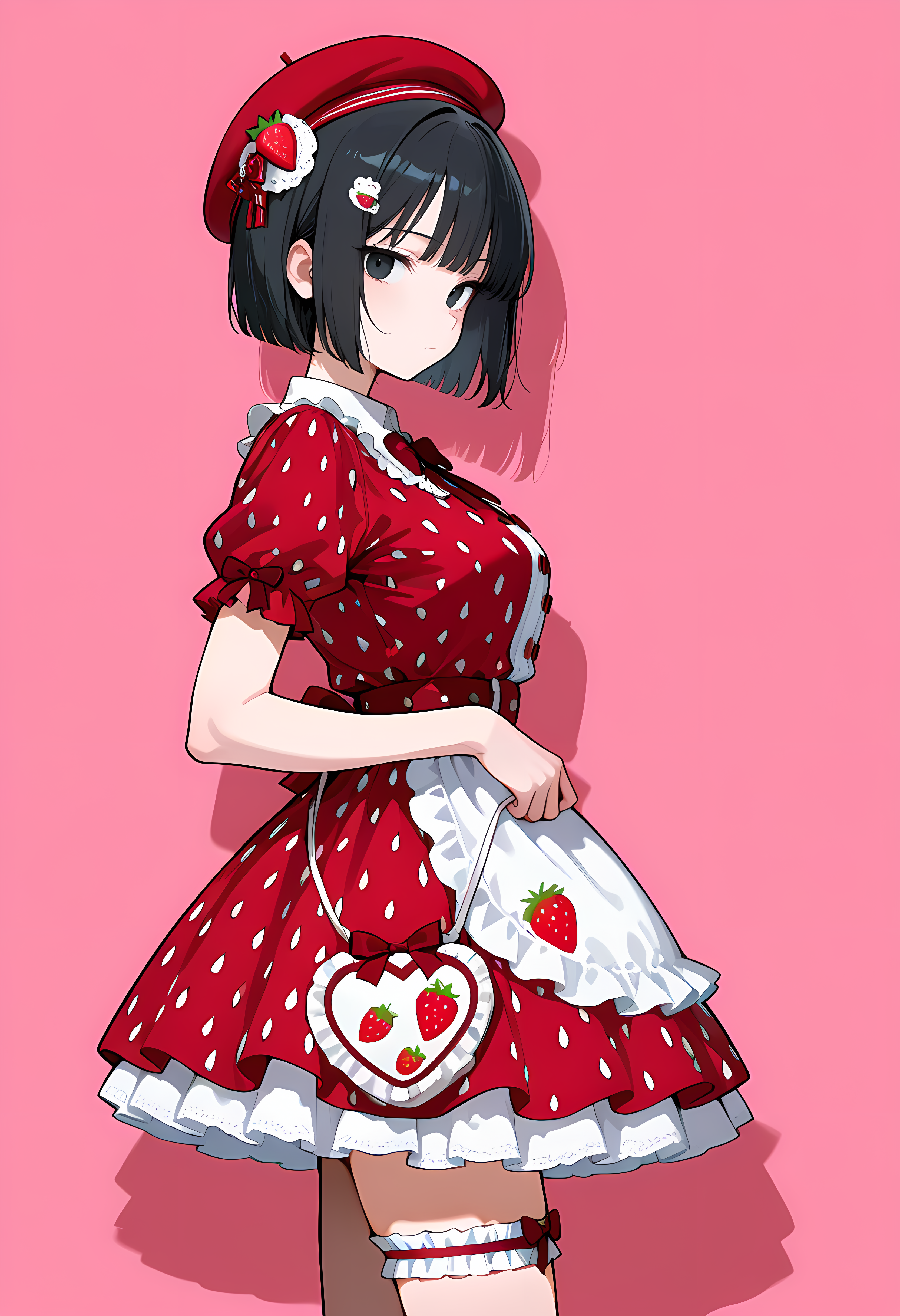 masterpiece, best quality, amazing quality, simple background,((outlined outlined vector graphics)),  detailed background,
 ,  looking at viewer ,cowboy shot, side view ,  looking at viewer 
1girl, 20yo, black hair, black eyes, short bob hair, hair pin,mdeium  breast, slender,(white thigh strap:1.1) , cute face, expressionless ,strawberry bag, strawberry, strawberry-gothic-dress red dress, clothed, red headwear, short sleeve <lora:strawberry-gothic-il-01:0.8>