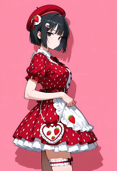 masterpiece, best quality, amazing quality, simple background,((outlined outlined vector graphics)), detailed background,
, looking at viewer ,cowboy shot, side view , looking at viewer
1girl, 20yo, black hair, black eyes, short bob hair, hair pin,mdeium breast, slender,(white thigh strap:1.1) , cute face, expressionless ,strawberry bag, strawberry, strawberry-gothic-dress red dress, clothed, red headwear, short sleeve <lora:strawberry-gothic-il-01:0.8>