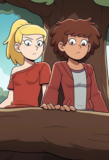 2girls, CHAnneboonchuy, CHSASHAWAYBRIGHT, sitting in a tree, looking down at viewer, sfw
