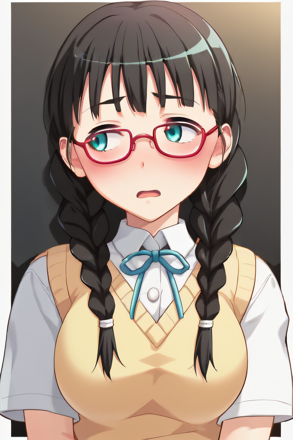 score_9, score_8_up, score_7_up, source_anime, rating_safe, intricate details, anime screencap, official style, 1girl, solo, <lora:PONY_Megumi_v2:1>, megumi, black hair, aqua eyes, glasses, red-framed eyewear, large breasts, white shirt, short sleeves, yellow sweater vest, looking away, indoor, upper body, embarrased, blush, twinbraids over shoulders, open mouth