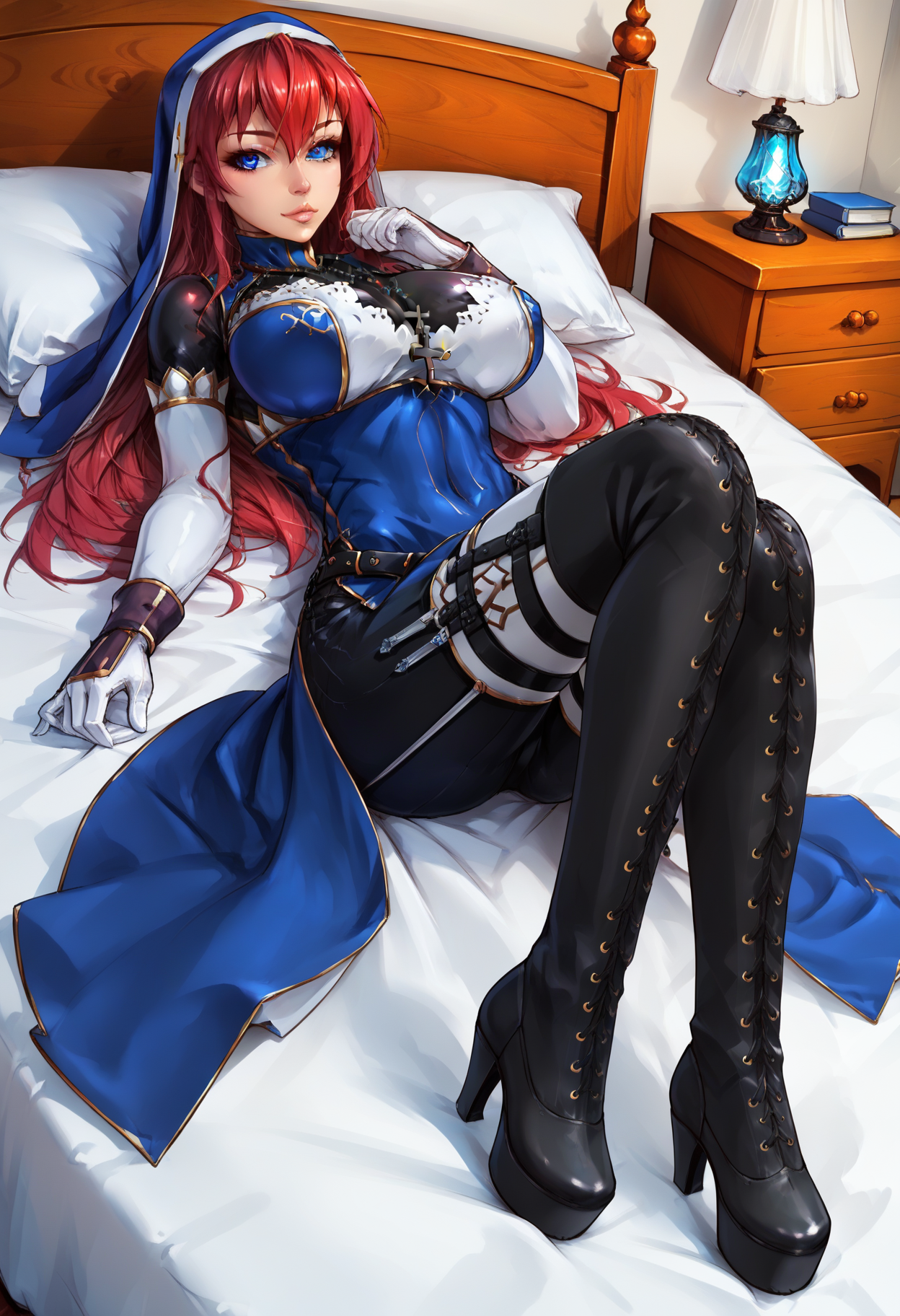 score_9, score_8_up, score_7_up, score_6_up, score_5_up, score_4_up, source_anime,  BREAK
, 1girl,battleNun, cross necklace, habit, red hair, blue eyes, large breasts, laying on her stomach,  on her breasts, on a bed,,  <lora:battleNunPony:1>,   full body