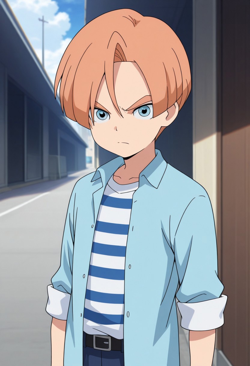 masterpiece,best quality,amazing quality, source_anime,
malikkuabel, 1boy, male focus, solo, blue eyes, orange hair, light blue shirt, collared shirt, open shirt, sleeves rolled up, striped shirt,
outdoor,