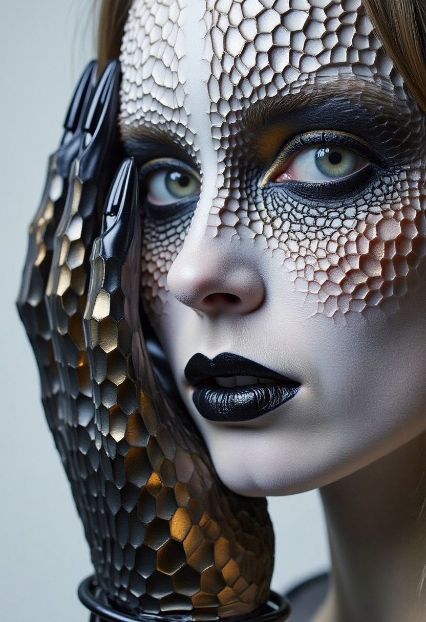 intricate yfg-patt3rn of, a high-resolution photograph featuring a close-up of a woman's face, showcasing a striking, artistic makeup look with a amber-like texture, the woman has pale skin with a mix of light and dark tones, resembling scales or reptilian scales, giving her skin a textured, almost reptilian appearance, her eyes are large and almond-shaped, with thick, dark eyelashes accentuated by thick, black eyeshadow, and her lips are full and glossy, painted in a deep, matte black, her nails are long and pointed, with a glossy texture, and she is wearing a pair of black, fingerless gloves that extend to her fingers, adding to the reptilian theme, the background is minimalistic, focusing attention on the subject, the lighting is soft and diffused, highlighting the textures of her skin and the metallic sheen of her makeup, the overall mood is dark and mysterious, with an air of otherworldly allure, the photograph captures a blend of realism and fantasy, blending elements of fantasy and realism with a touch of surrealism