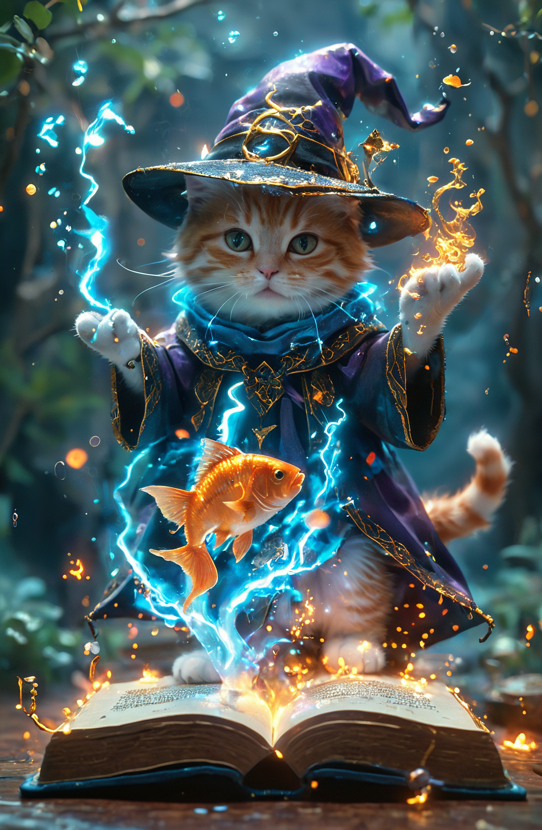 amazing quality, masterpiece, best quality, hyper detailed, ultra detailed, UHD, perfect anatomy, magic world,
(kitten and fish:1.4), fish in the air, spell magic to get fresh fish as food,( fish jumping from magic book:1.3), energy flow,
a full body of a cute kitten, kawaii, wearing witches robe, witches hat, holding magic book, magic book on one hand, spell magic,
<lora:Fantasy_Wizard__Witches_SDXL:0.75>, hkmagic,
<lora:add-detail-xl:1.0>,
<lora:EnvyBetterHiresFixXL01:1.0>,
<lora:extremely_detailed:1.2>, extremely detailed,
<lora:glowneon_xl_v1:0.75> glowneon, glowing,