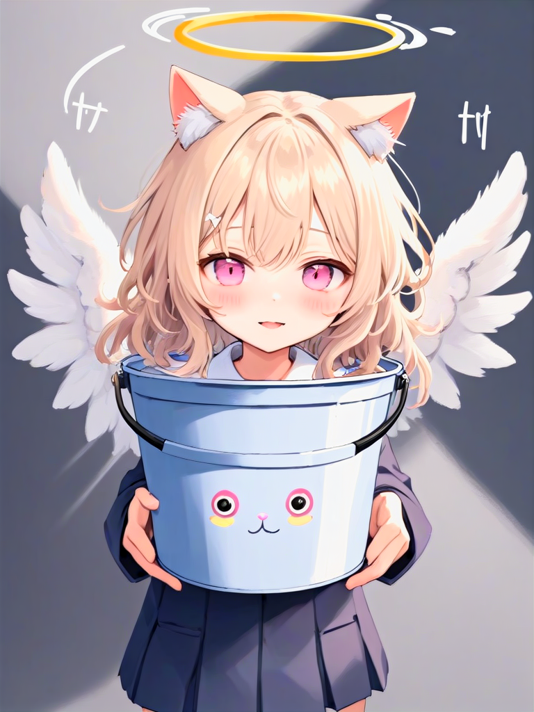 Draw wavy hair, angel wings, angel halo, school uniform and cat ears with {{{{{do not fill}}}}} bucket