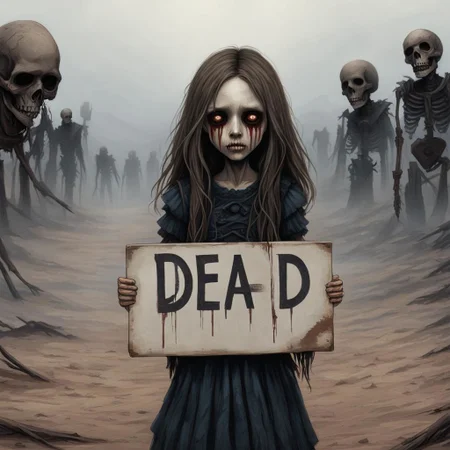 (((Ultra detailed, Megapixel)))
1girl, (((holding out a sign with a text "DEAD"))), by dan mumford and trevor Brown, hands, terror, gloomy, dark, blank face, no face, wasteland background, no mouth, no eyes, long hair