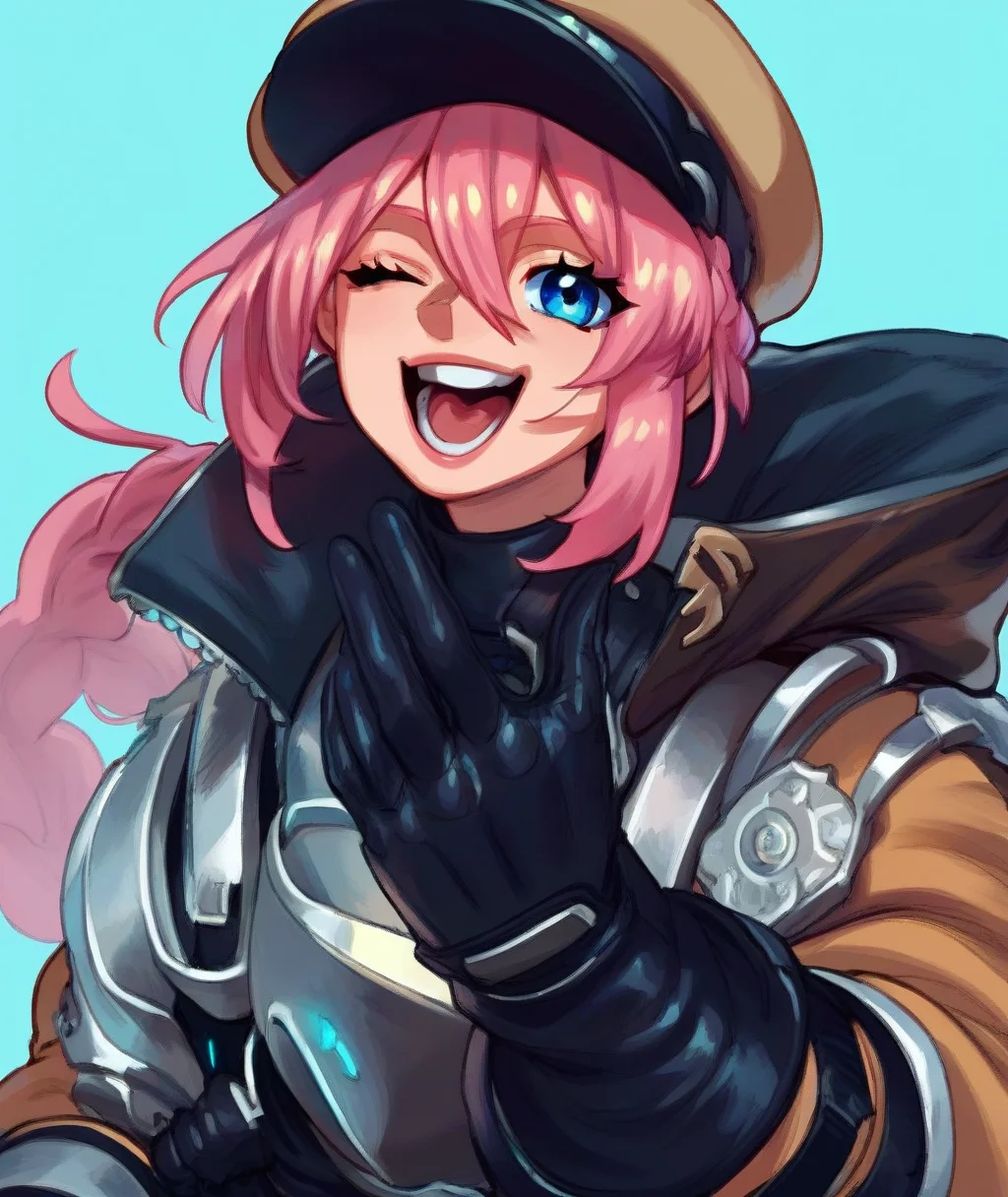 score_8_up. score_7_up,<lora:eigdraws:1>,
score_9, source_anime, eigdraws, 1girl,solo,long hair,looking at viewer,smile,open mouth,bangs,blue eyes,simple background,gloves,hat,hair between eyes,jacket,upper body,pink hair,braid,one eye closed,teeth,black gloves,shiny,armor,shiny hair,official alternate costume,blue background,brown headwear