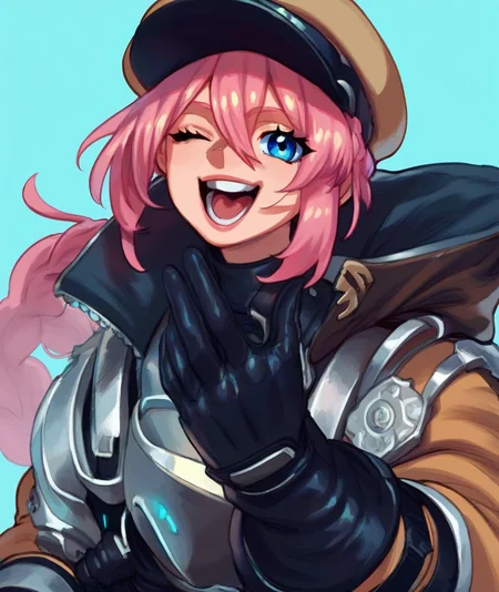 score_8_up. score_7_up,<lora:eigdraws:1>,
score_9, source_anime, eigdraws, 1girl,solo,long hair,looking at viewer,smile,open mouth,bangs,blue eyes,simple background,gloves,hat,hair between eyes,jacket,upper body,pink hair,braid,one eye closed,teeth,black gloves,shiny,armor,shiny hair,official alternate costume,blue background,brown headwear