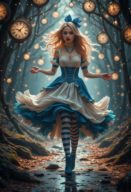 Create a captivating fantasy portrait of a woman inspired by ‘Alice in Wonderland’. She features a fair complexion and her long, wavy, shiny blonde hair is adorned with a fanciful blue headband. The makeup is dramatic, with black shadows highlighting her eyes and lips in a deep burgundy, accentuating her magical essence. She wears a flowing Victorian dress with a fitted light blue bodice, puffed sleeves and a layered ruffled skirt combining elegant white and blue. Her stockings are horizontally striped in blue and white, and she wears blue high-heeled boots with delicate laces. The figure walks energetically towards the viewer, surrounded by Salvador Dali-style floating clocks, lending a surreal atmosphere. The scene glows with soft light, illuminated by golden fireflies that add a touch of mystery and allure. Emphasize intricate details and textures, ensuring a hyper-realistic, cinematic quality. Bring a digital masterpiece to life in high resolution (4K, 8K, HDR), capturing the essence of fantasy aesthetics, elaborate patterns and a mesmerizing surreal play of light and shadow.aidmaMJ6.1,aidmaimageupgrader,Midjourney_Whisper