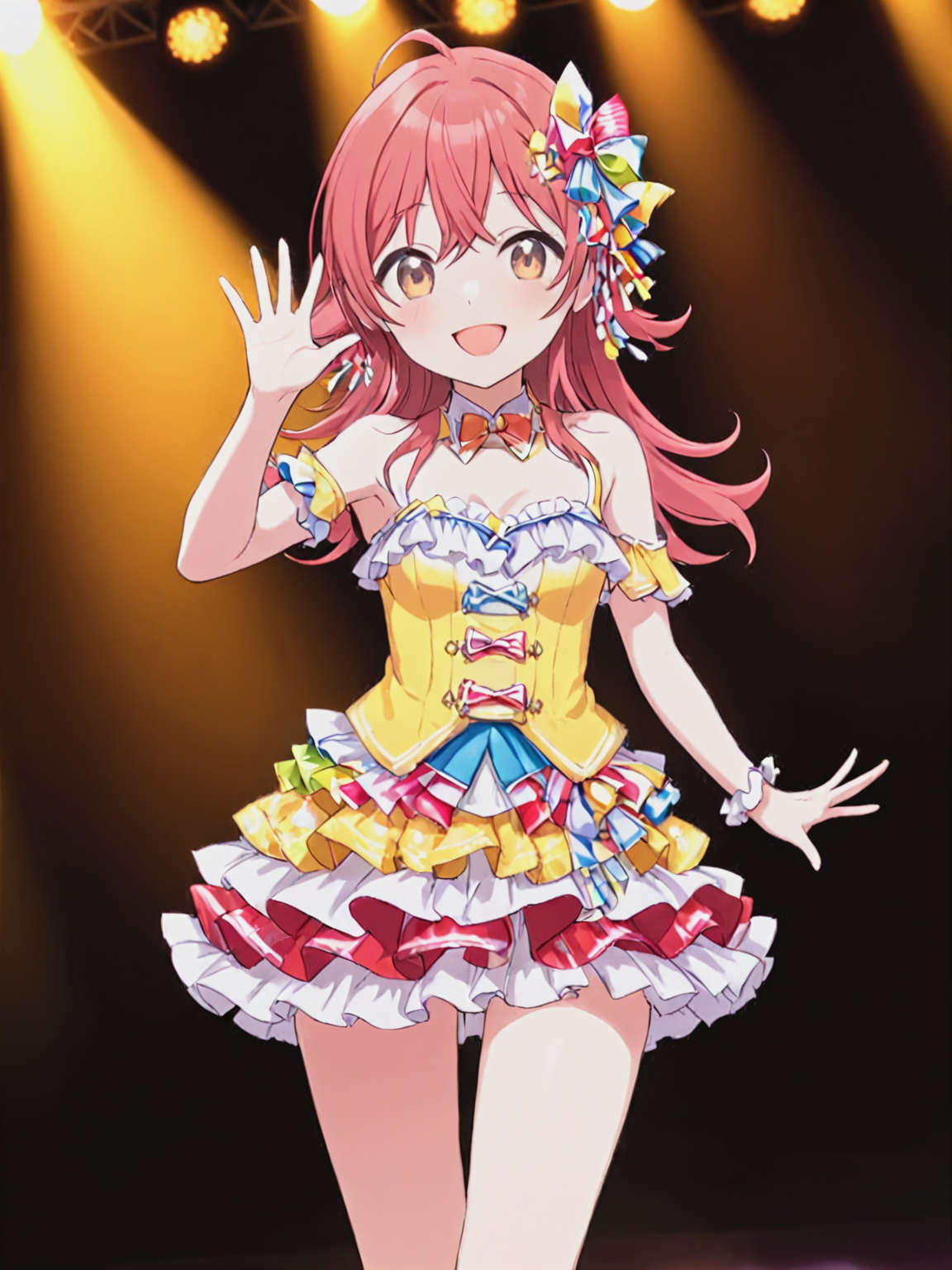 1girl, solo, smile, on the stage, detailed background, idol concert, frilled miniskirt, idol costumes, waving at viewers, bare shoulders, ribbons, hair ornament, <lora:Komiya Kaho XL:0.6> Komiya Kaho, <lora:ClearHand-V2:1> , <lora:perfect hands 2:1> Perfect Hands