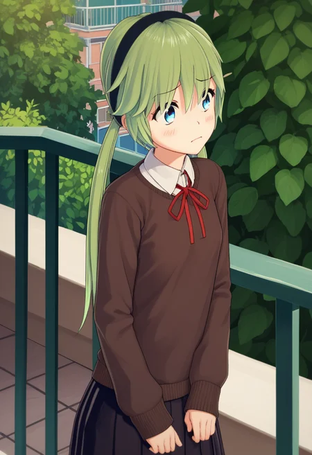 source_anime, score_9, score_8_up, score_7_up, score_6_up, score_5_up, score_4_up, 1 girl, solo, <lora:Io_Ichimonji_from_LiL_PonyXL:0.8>, long hair, low twintails, twintails, hair between eyes, blush, io_outfit4, hairband, school uniform, ribbon, sweater, neck ribbon, red ribbon, shirt, black hairband,, \rtf1,(On the balcony, Leaning against a wall),