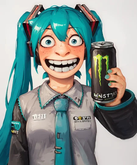 score_9, score_8_up, score_7_up, score_6_up, sfw, 1girl, solo, <lora:lozhkin_pony:0.8> lozhkin, open mouth, big smile, accurate teeth with gaps, smile, blush, salute,
(hatsune miku:1.2),
monster energy, holding monster energy, <lora:monsterEenergy_pony:0.7>