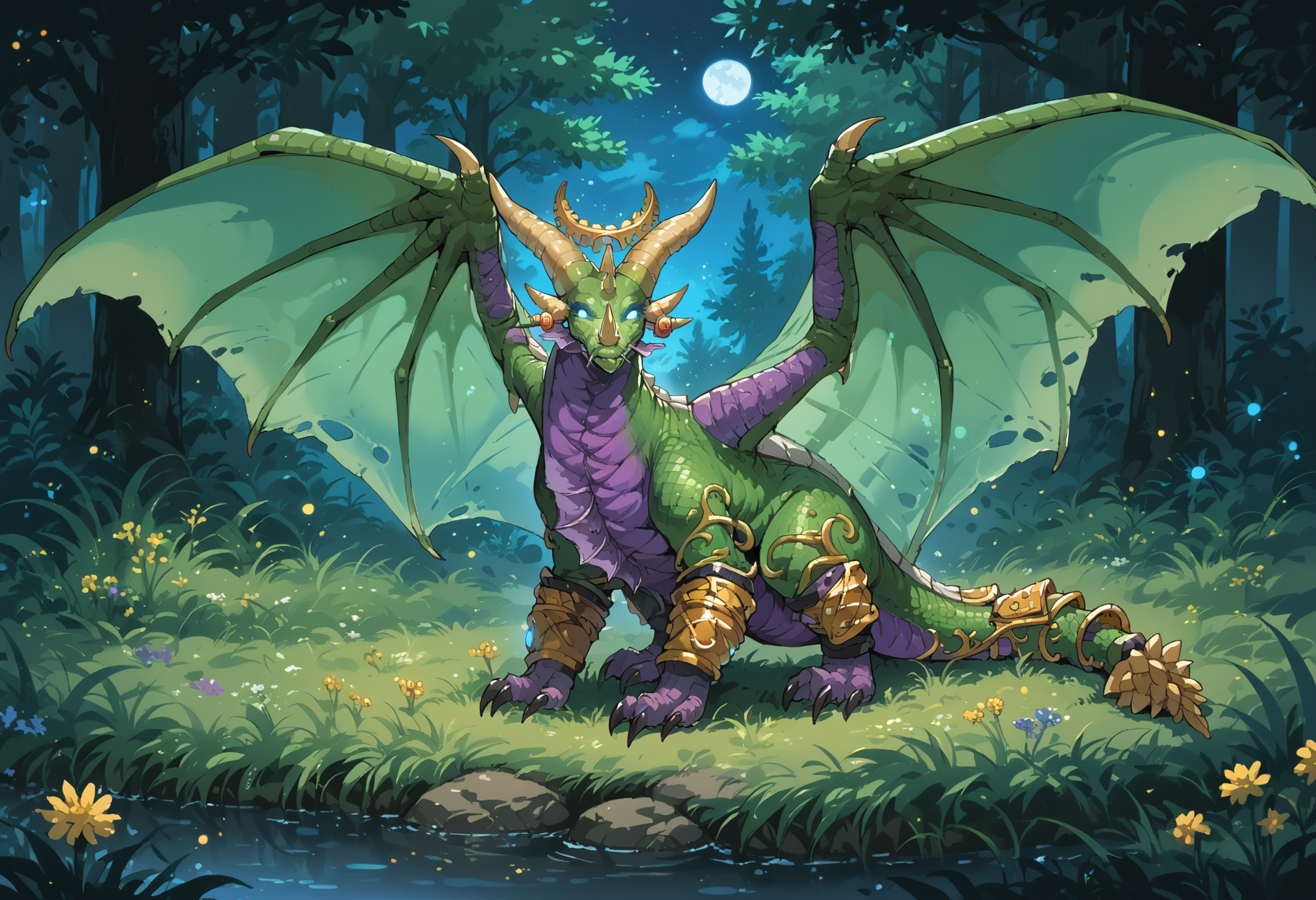 score_9, score_8_up,score_7_up,score_6_up BREAK
beautiful forest, night, bokeh, fireflies, dark, tall grass, (wildflowers:1.3)
Ys3ra, green scales, wings, purple underbelly, purple feet, green scales, dragon, feral, anklets, jewelry, fang, tail, spiked tail, horns, claws, talons, fins, armor, translucent wings, silver eyes, glowing eyes, quadraped
<lora:Ysera_Dragon_Form:1>