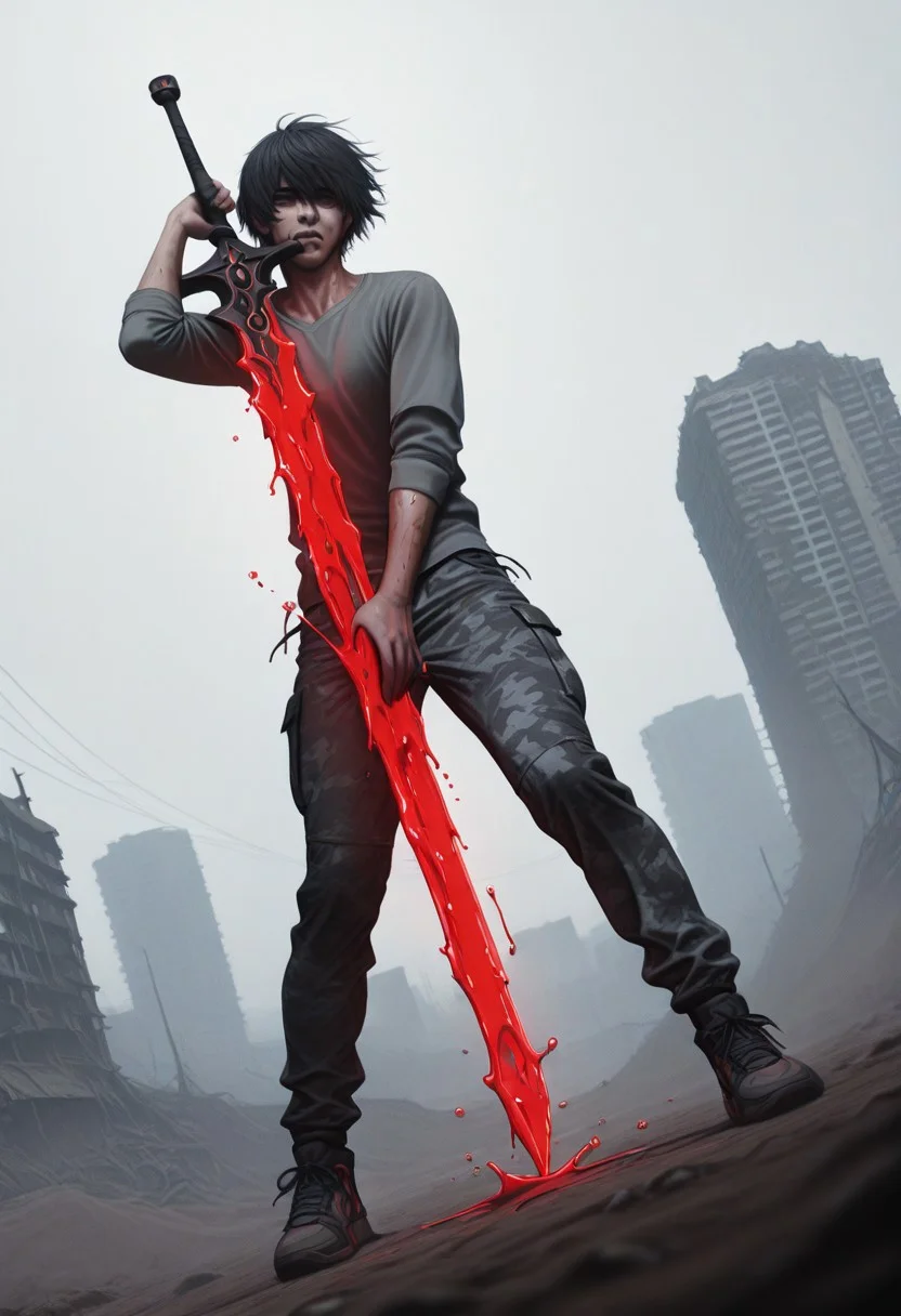 lazypos, ShatterEdge, Blood-soaked weapon, longsword, 1boy, aged up, black hair, short hair, five-o'clock shadow, grey muscle shirt, camo pants, sneakers, holding sword, sweat, dirt, dutch angle, epic, cinematic, city ruins, depth of field, volumetric lighting, lunging, swiping at viewer, In your face action,
