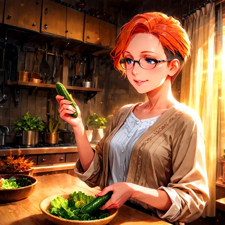 A short, slender, mature, middle-aged woman in her upper 40s, exuding natural beauty with caramel-orange hair styled in a chic, very short undercut. Her dark blue eyes are accentuated by stylish glasses that reflect the warm glow of the setting sun. A playful smile graces her lips as she gazes at the camera with a hint of amusement in her eyes, capturing the essence of lighthearted humor. She is dressed in a casual yet proper linen blouse with rolled sleeves, embodying cozy elegance. The setting is her inviting, warm rustic kitchen, adorned with soft curtains and potted herbs, which adds to the cozy atmosphere. The woman is in the midst of preparing dinner, specifically a salad, standing at a wooden kitchen counter that matches the room's golden hues, courtesy of the soft vignette created by the sun's last rays. Her relaxed posture and natural expressiveness reveal an innocent curiosity as she holds a cucumber at an unexpected angle, contributing to the quirky reaction that the moment seems to demand. The room is bathed in a painterly warmth from the evening sun, casting soft shadows that enhance the cinematic quality of the scene. The image is a masterpiece of detail and soft shading, with warm natural lighting that adds depth and character to the woman and her surroundings, making the entire scene appear as if it has been pulled straight from the canvas of a skilled artist. The overall ambiance is one of a perfect blend of comfort and whimsy, a snapshot of a delightful evening spent in the embrace of a home that truly feels like a haven.
(1girl, woman, 40s, middle-aged, slender, small breasts, natural beauty:1.3)
(caramel-orange hair, very short hair, undercut, stylish glasses, dark blue eyes, amused smile, playful gaze:1.2)
(casual yet proper, linen blouse, rolled sleeves, cozy elegance:1.3)
(holding cucumber, funny moment, lighthearted humor, quirky reaction, innocent curiosity:1.5)
(preparing dinner, making salad, wooden kitchen counter, warm rustic kitchen, cozy atmosphere:1.3)
(potted herbs, soft curtains, warm glowing light, evening kitchen, inviting ambiance:1.3)
(setting sun, golden hues, soft vignette, cinematic warmth, dreamlike glow:1.4)
(relaxed posture, natural expressiveness, soft shadows, painterly detail:1.3)
(masterpiece, highly detailed, soft shading, painterly rendering, warm natural lighting),
(balanced lighting, soft shadows, well-exposed highlights, matte skin, realistic skin texture, subtle pores, soft complexion, no specular highlights:1.3),
(general, absurdres, newest, ambient occlusion, raytracing),