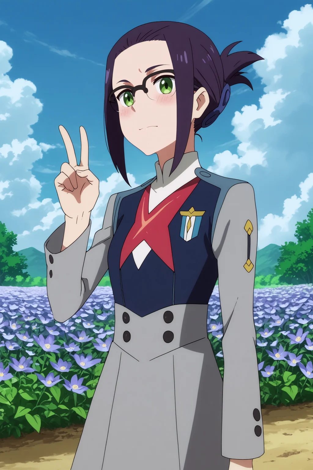  ikuno,1girl,solo,glasses,short hair,uniform,military_uniform,military,folded ponytail,v sign BREAK outdoors,blue sky,cloudy_sky,purple flower,flower field,tree  <lora:Ikuno_-_Darling_in_the_franxx.safetensors:0.8> <lora:detailed_backgrounds_v2.safetensors:0.5>