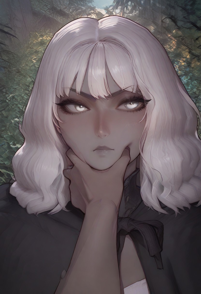 anime artwork, score_9, score_8_up, score_7_up, score_6_up, score_5_up, drowsinue, grey corset, grey cape, white shirt, black right arm, armor, white hair, wavy hair, medium hair, ((grey skin)), white eyes, masterpiece, best quality, serious, score_9, score_8_up, score_7_up, source_anime, close up, <lora:Floox_Style:1>, detailed eyes, detailed hair, povcheekgrabbing, solo focus, hand on another's face, white hand on face, pale hand,