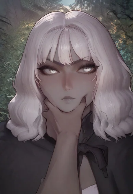 anime artwork, score_9, score_8_up, score_7_up, score_6_up, score_5_up, drowsinue, grey corset, grey cape, white shirt, black right arm, armor, white hair, wavy hair, medium hair, ((grey skin)), white eyes, masterpiece, best quality, serious, score_9, score_8_up, score_7_up, source_anime, close up, <lora:Floox_Style:1>, detailed eyes, detailed hair, povcheekgrabbing, solo focus, hand on another's face, white hand on face, pale hand,